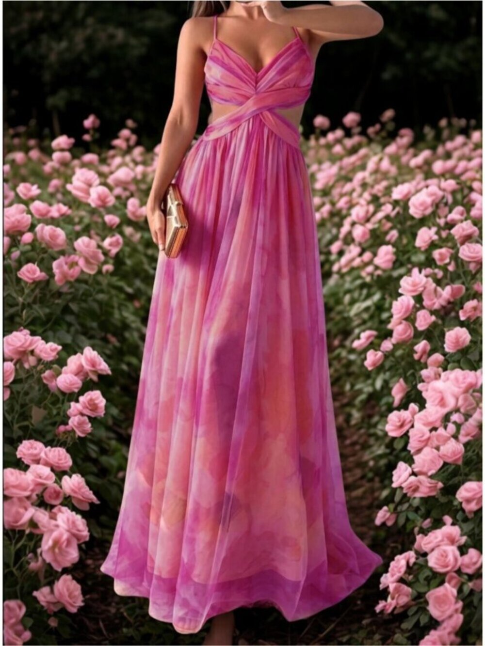 Pink Watercolor Cutout Tie-Back Crisscross  Maxi Dress